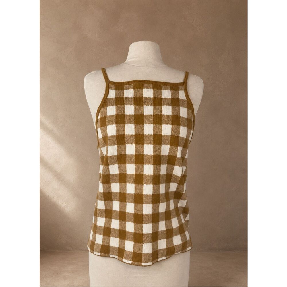 Madewell Sz L Hannah Gingham Apron Tank Brown White Checkered Knit Cami Top